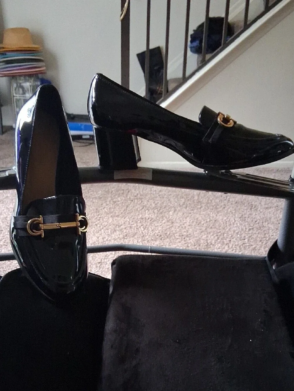 Women’s Black Patent Platform Loafers with Gold Horsebit